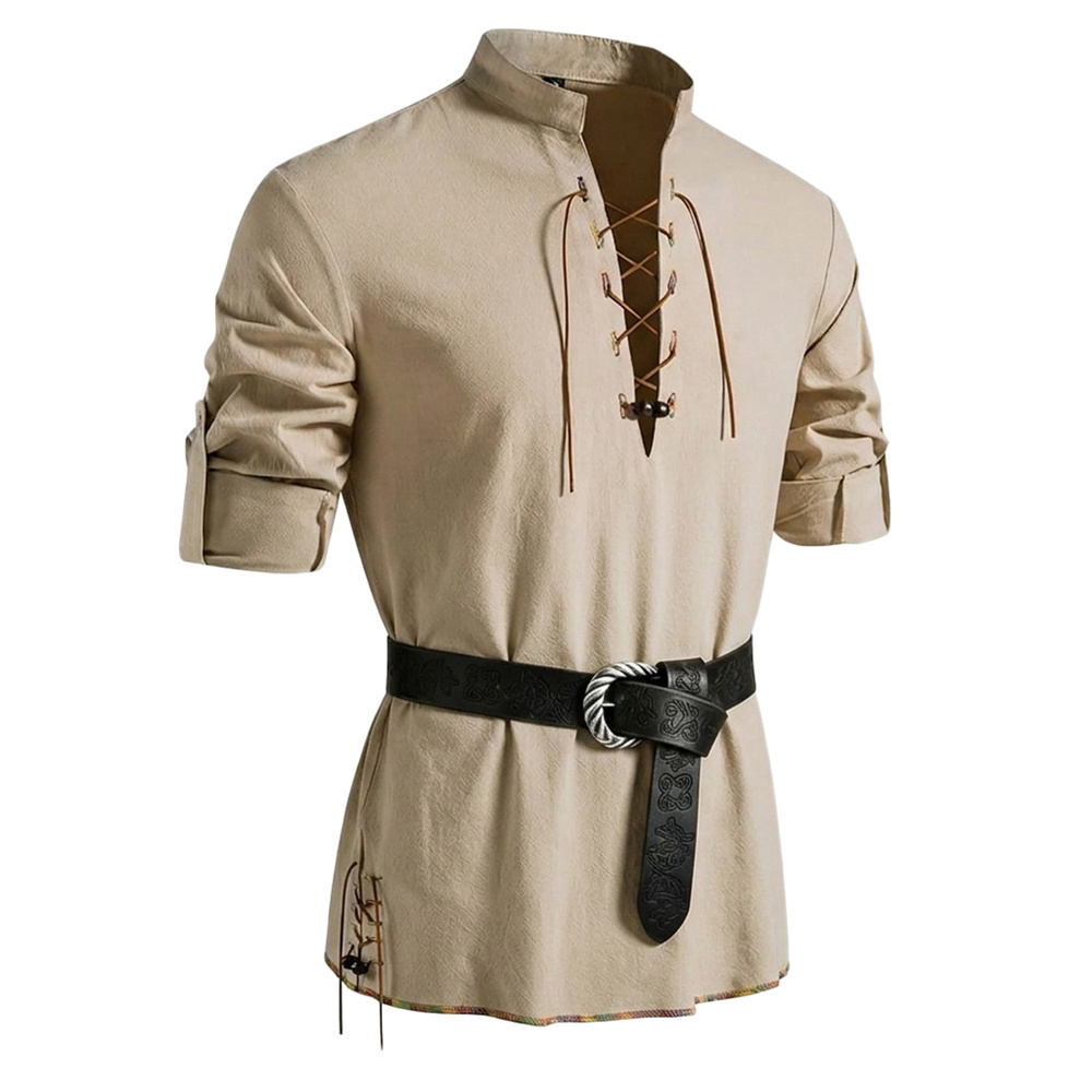 Medieval Gothic Lace Up Pirate Shirt - Мужская хлопковая рубашка в стиле льна