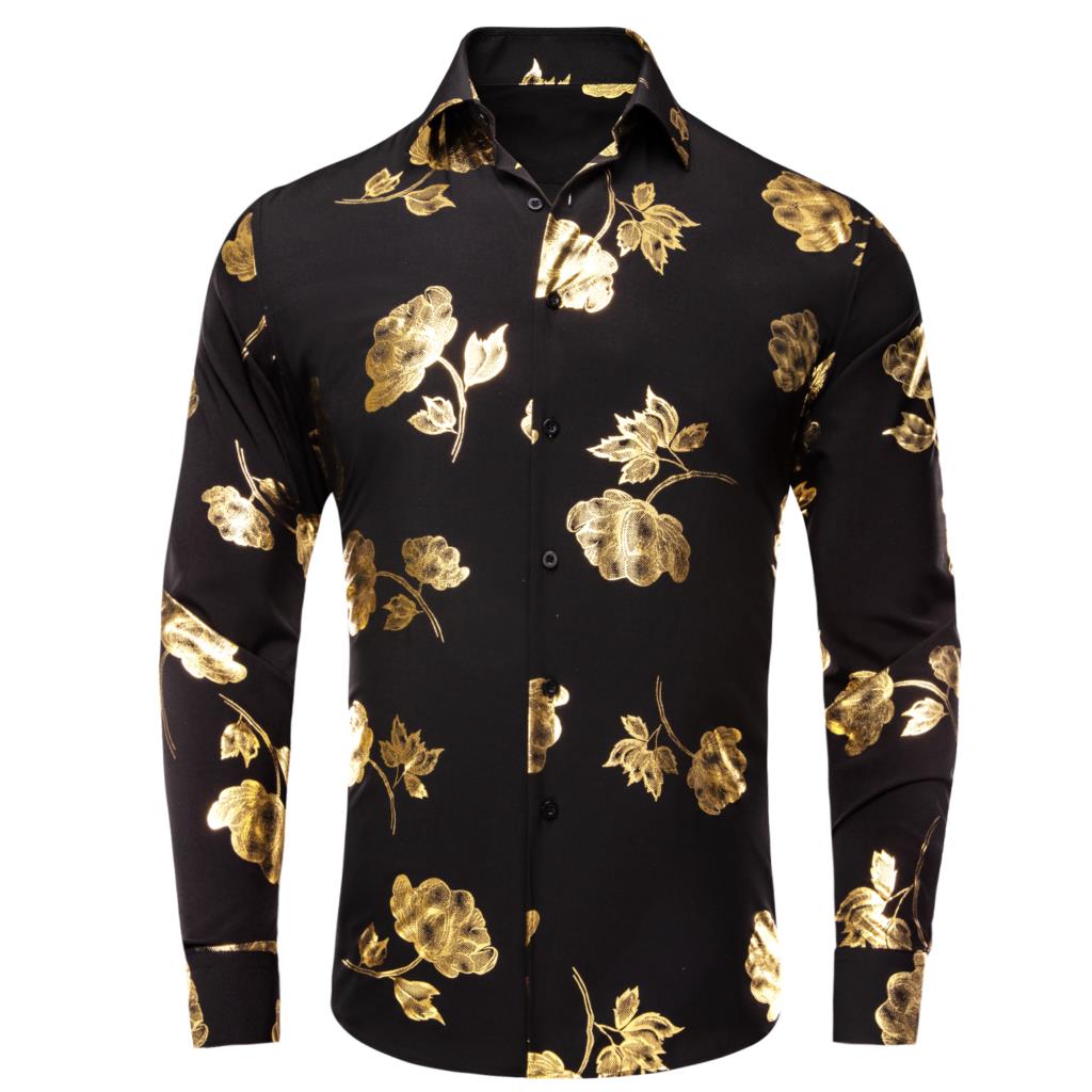 Mens Satin Silk Dress Shirt - Hi-Tie, черные, золотые шелковые мужские рубашки,