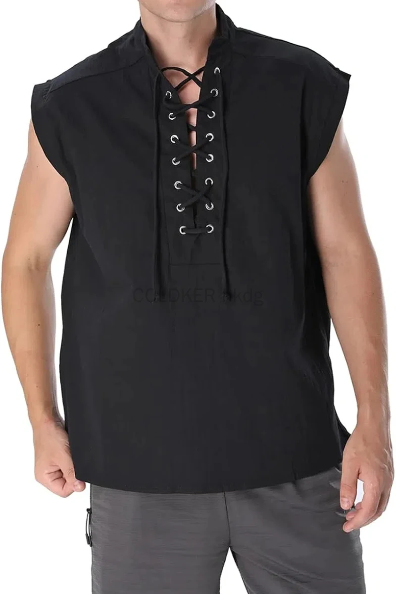 Medieval Gothic Lace Up Pirate Shirt - Мужская повседневная рубашка, черно-зеленые топы в