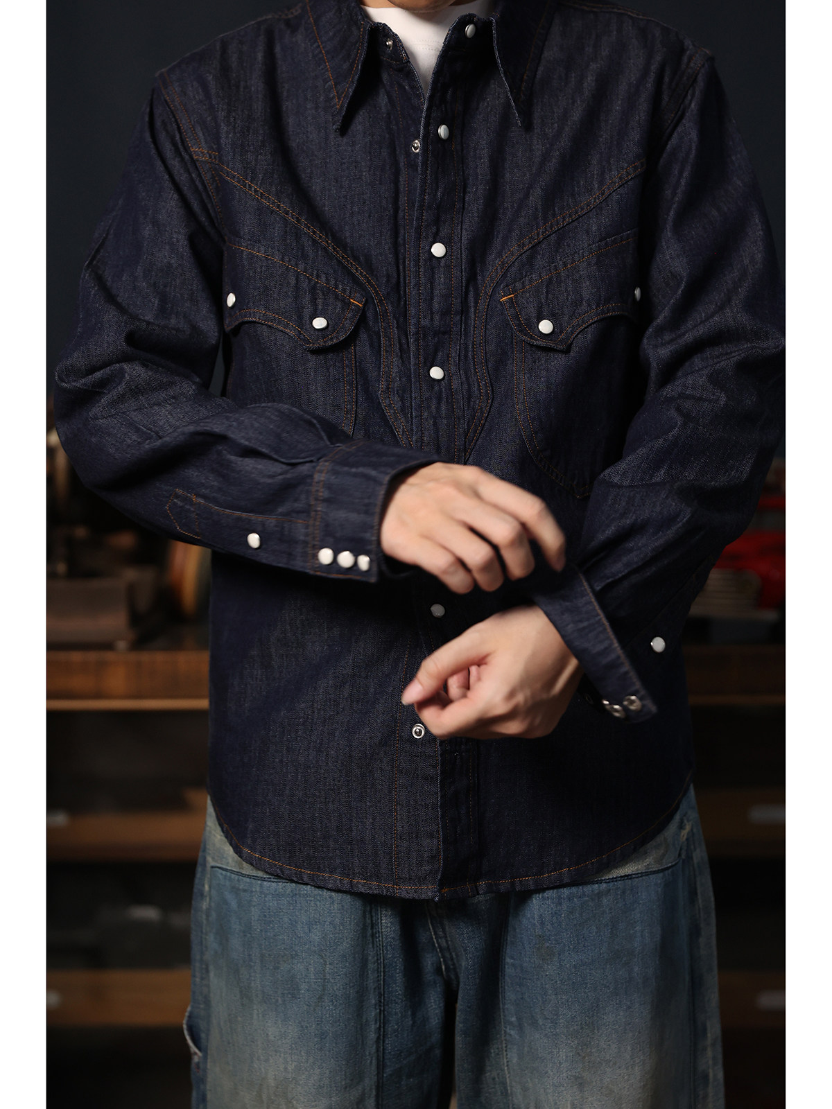 Mens Western Denim Pearl Snap Shirt - Ковбойская рубашка в западном стиле с