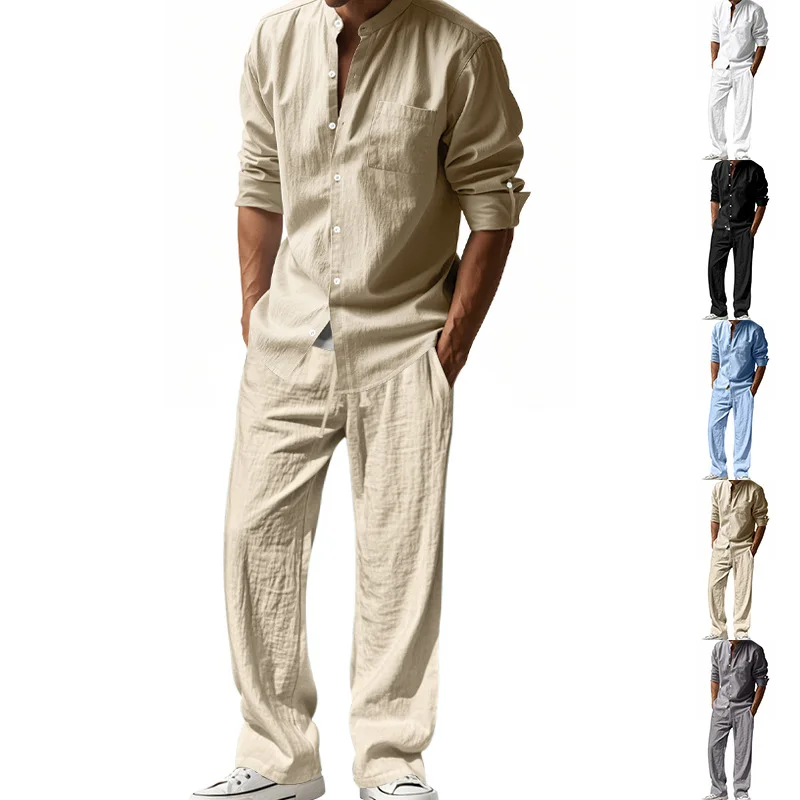 Mens Linen Shirt Long Sleeve - 2025 трансграничный американский льняной мужской повседневный