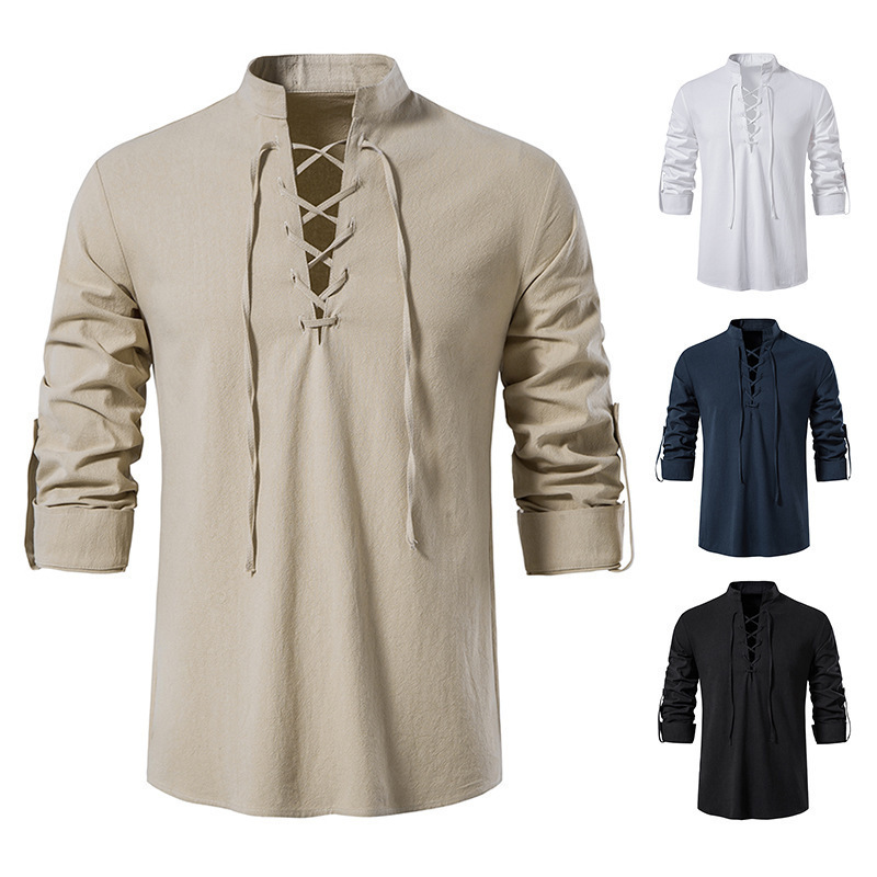 Medieval Gothic Lace Up Pirate Shirt - Мужская пиратская рубашка в стиле викингов,