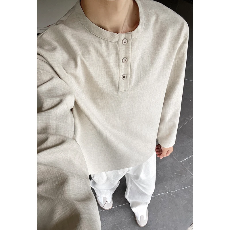 Mens Linen Shirt Long Sleeve - Мужская повседневная рубашка-хенли из искусственного льна
