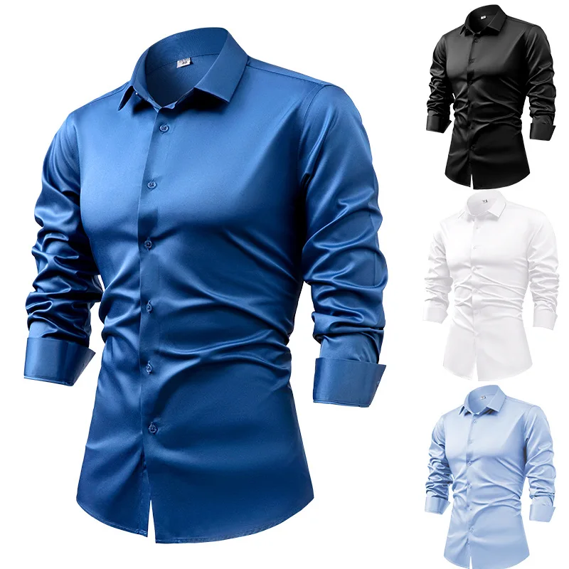 Mens Satin Silk Dress Shirt - Весна-Осень 2022, королевские синие шелковые атласные