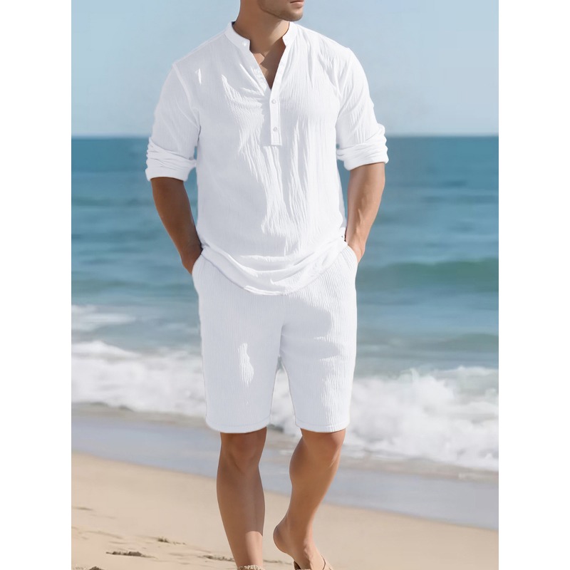 Mens Linen Shirt Long Sleeve - Мужской белый комплект из льняной смеси:
