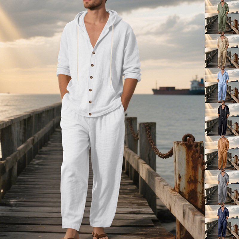 Mens Linen Shirt Long Sleeve - Летний мужской американский свободный льняной костюм