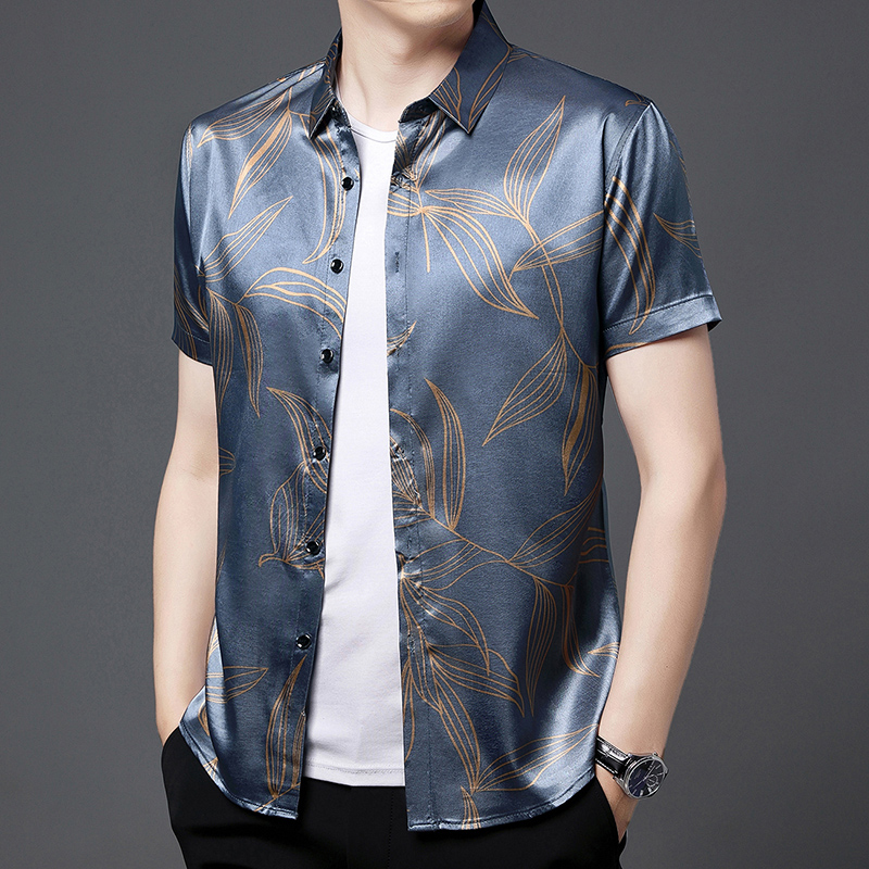 Mens Satin Silk Dress Shirt - Мужская шелковая рубашка с короткими рукавами,