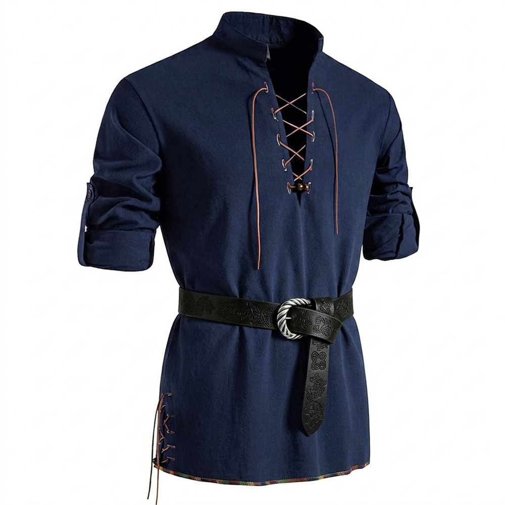 Medieval Gothic Lace Up Pirate Shirt - Мужская винтажная рубашка из хлопка с
