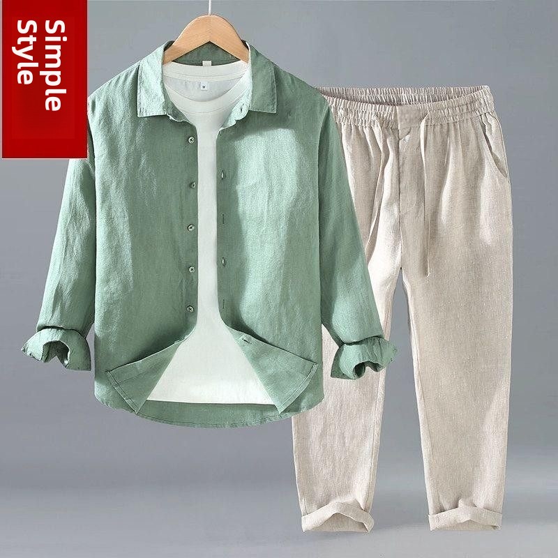 Mens Linen Shirt Long Sleeve - Свободный льняной мужской комплект из рубашки