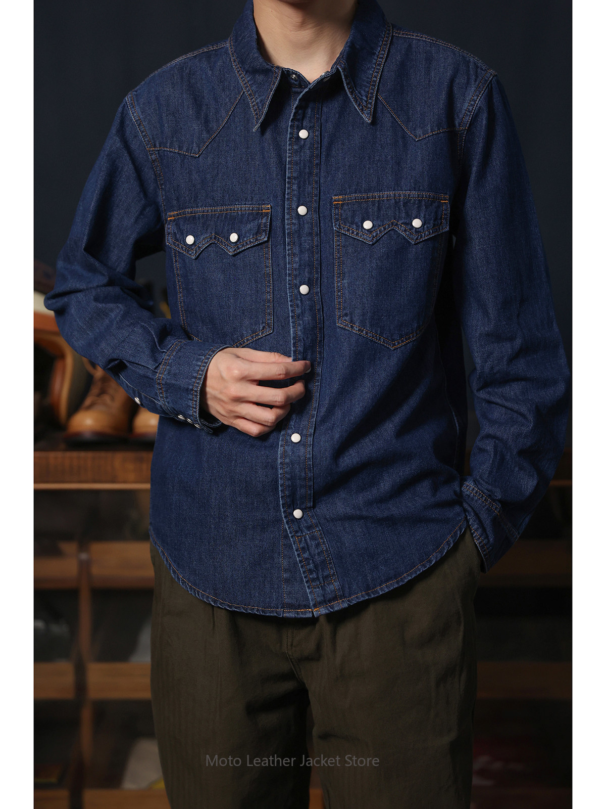 Mens Western Denim Pearl Snap Shirt - Американская ретро-рубашка в стиле вестерн из