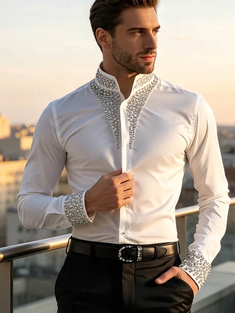 Мужская повседневная деловая р – обзор и цена Mandarin Collar Formal Shirt Slim Fit