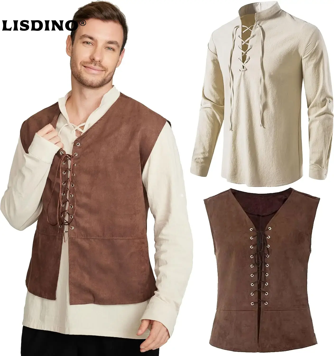 Комплект из 2 предметов, мужск – обзор и цена Medieval Gothic Lace Up Pirate Shirt